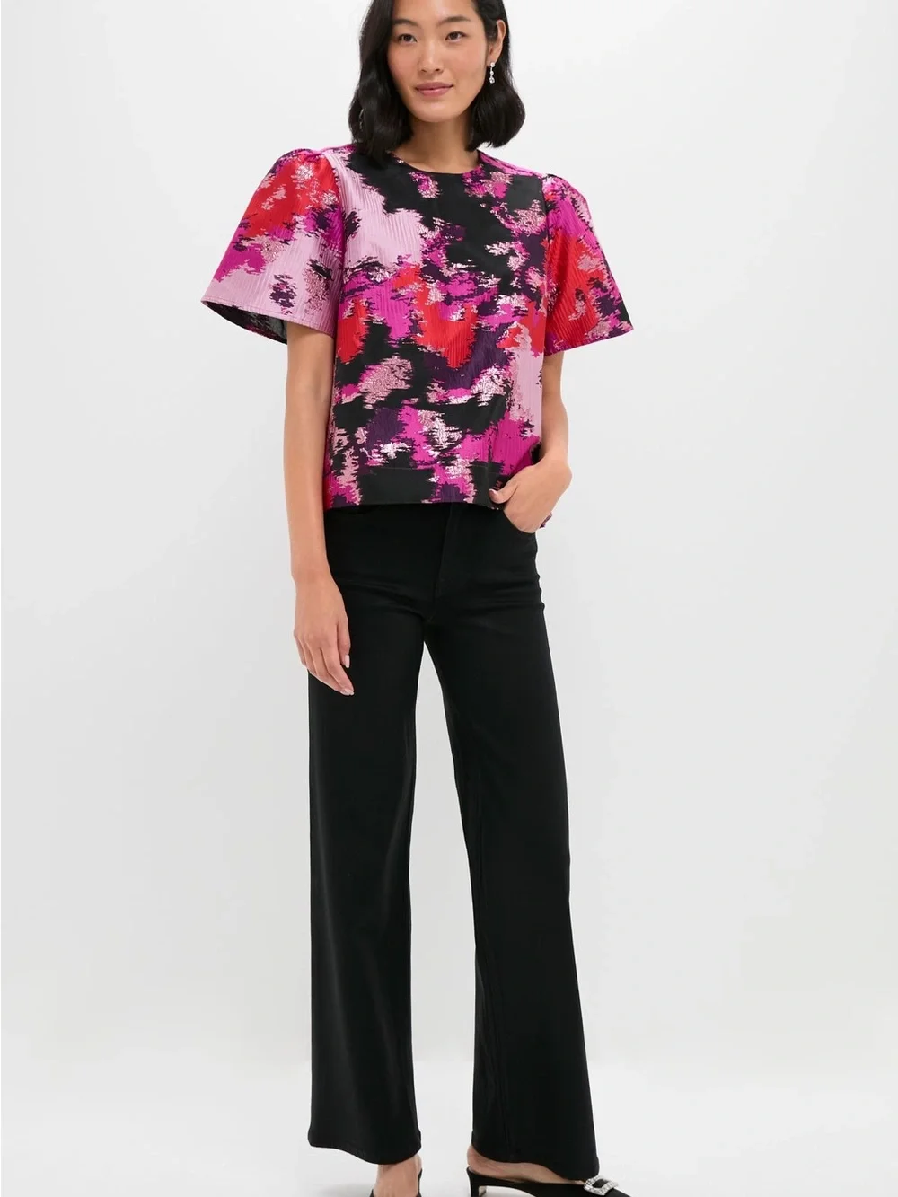 Tuckernuck Pomander Place Lyla Jacquard Puff Sleeve Blouse Pink Red Lurex S